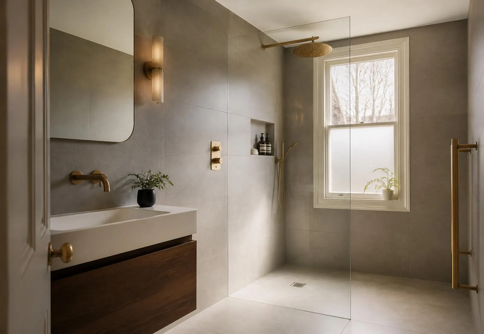 Large-format porcelain tiled walk-in wet room installed by Apex Tilers in London