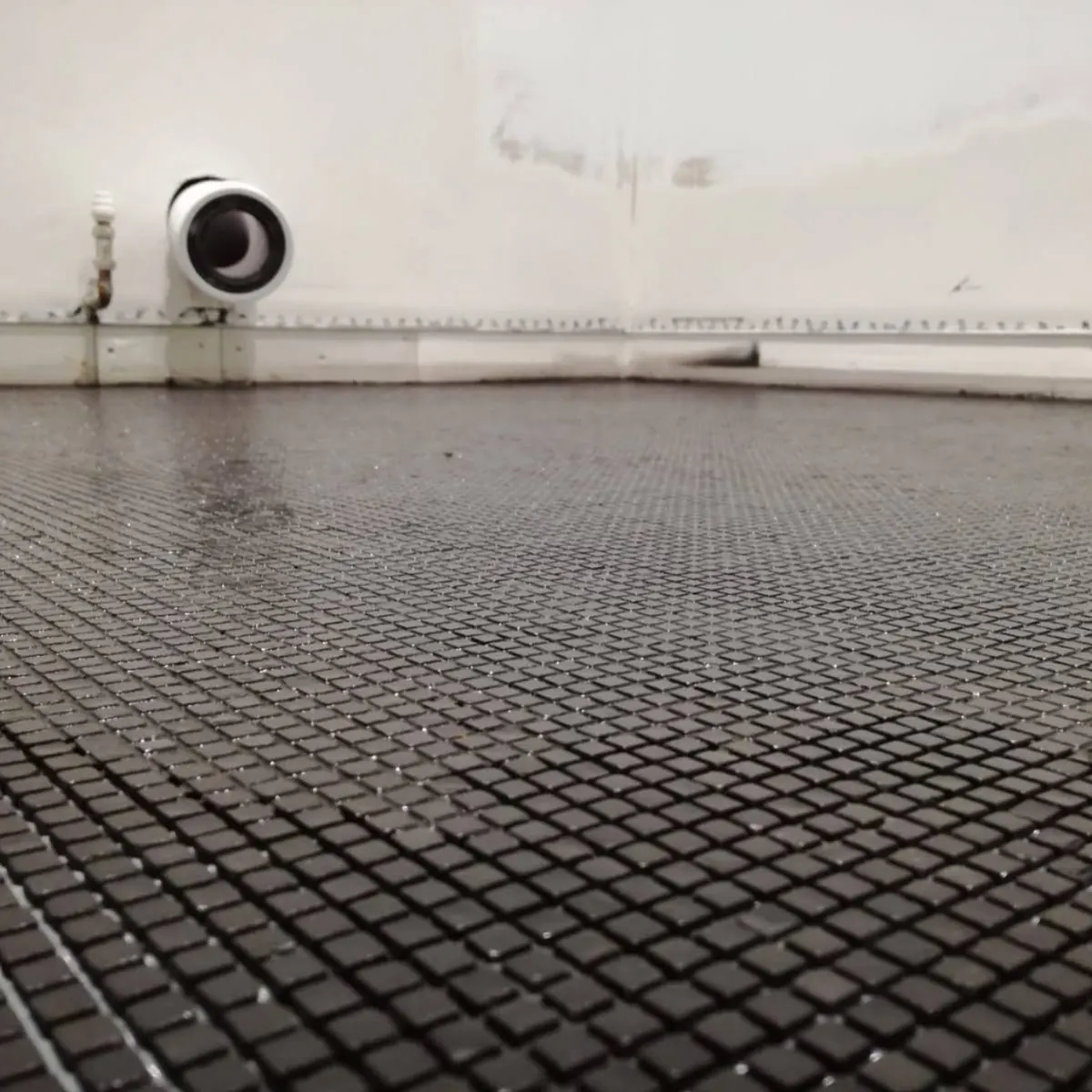 Freshly bedded dark mosaic floor tiling laid across a commercial washroom before grouting