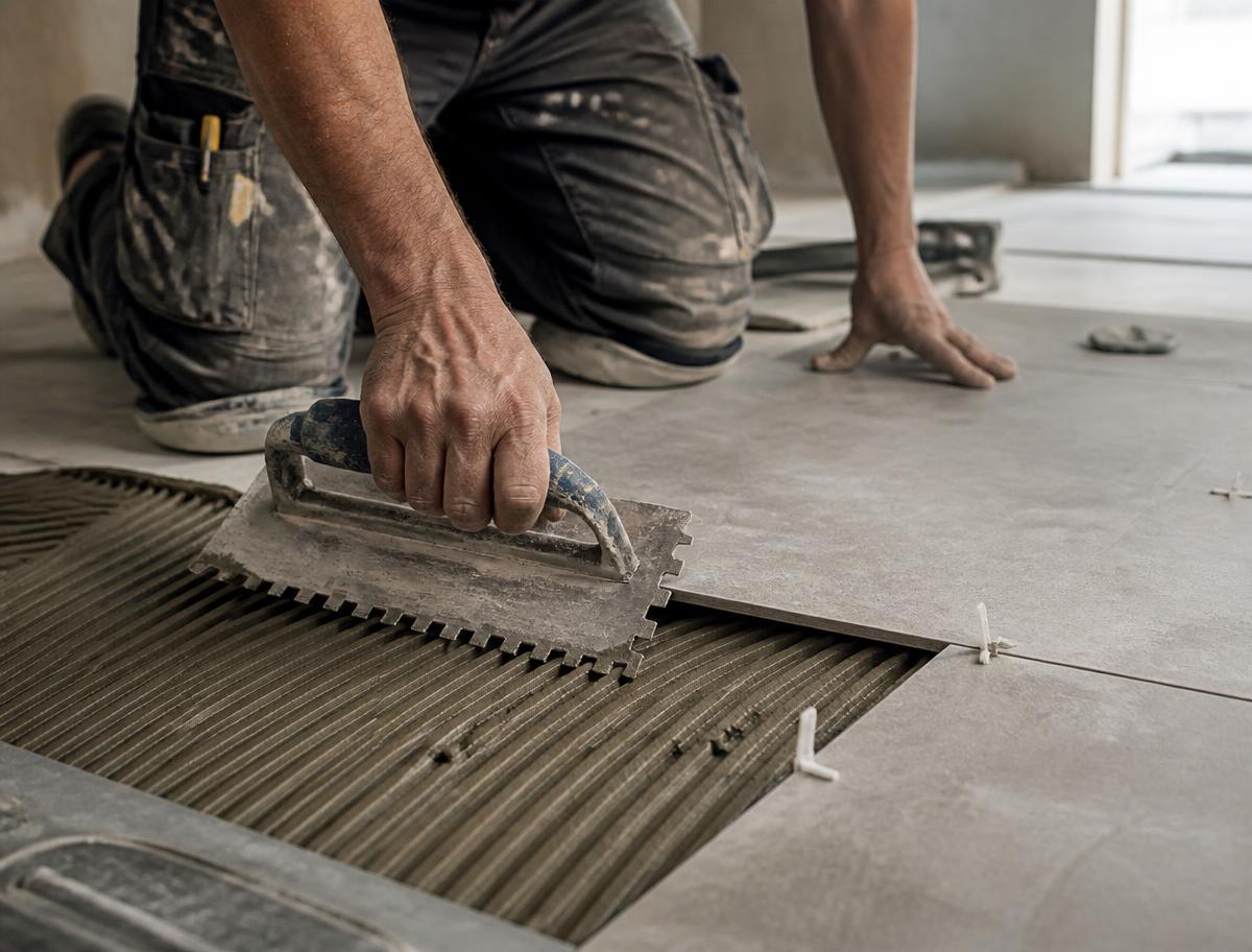 Apex Tilers tiler spreading adhesive with a notched trowel before laying a porcelain floor tile