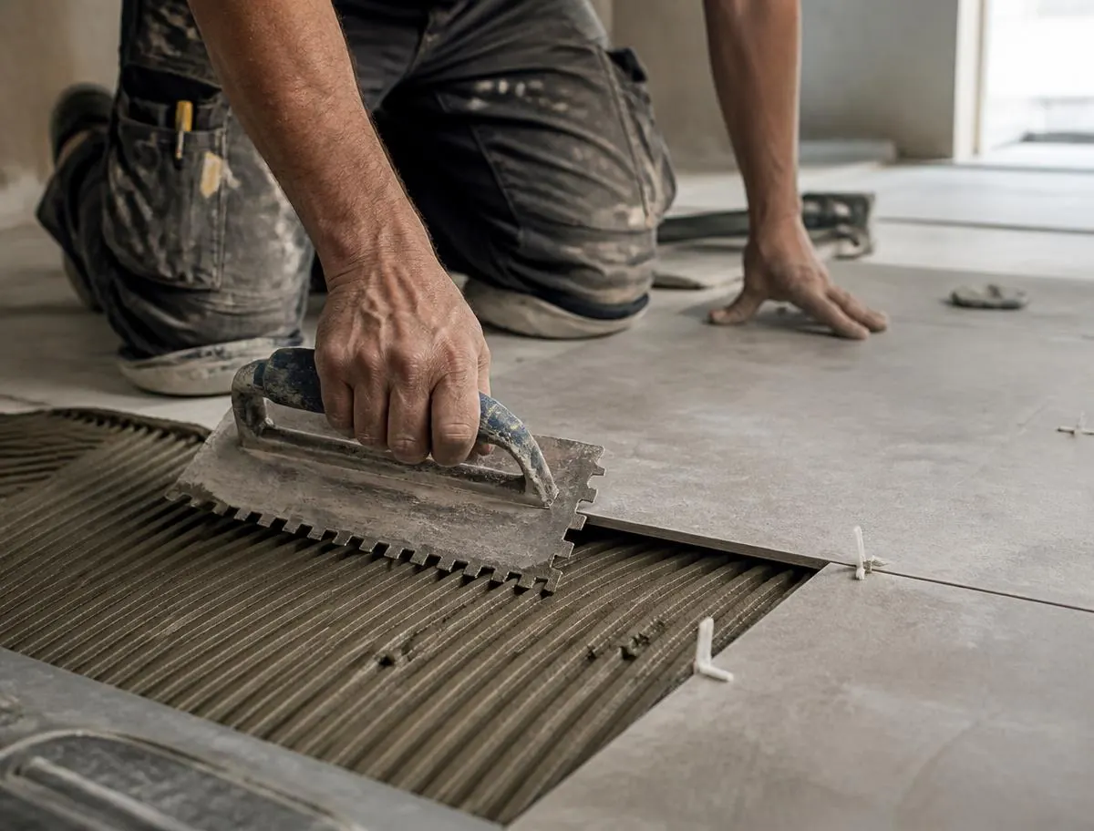 Apex Tilers tiler spreading adhesive with a notched trowel before laying a porcelain floor tile