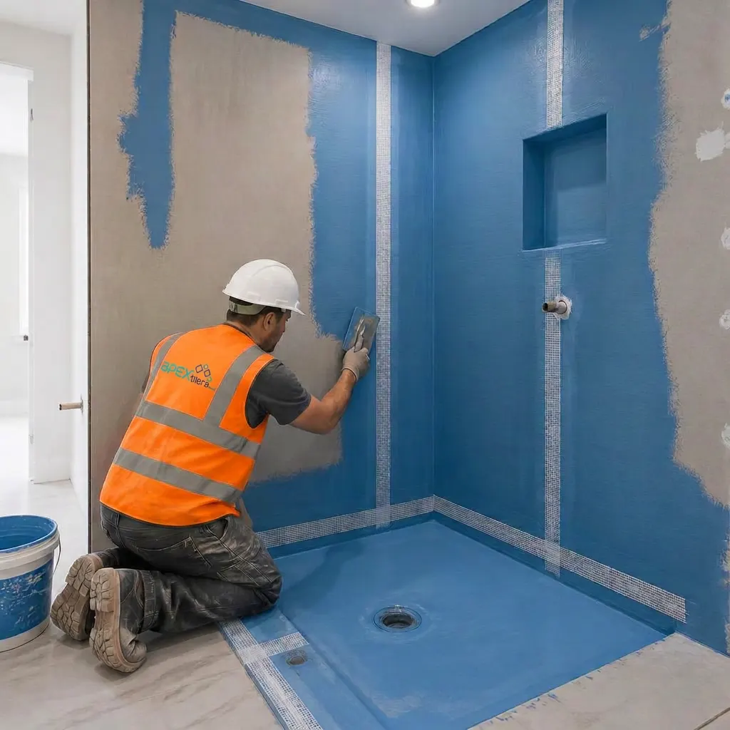 Apex Tilers tiler applying blue waterproof tanking membrane to a walk-in wet room shower area